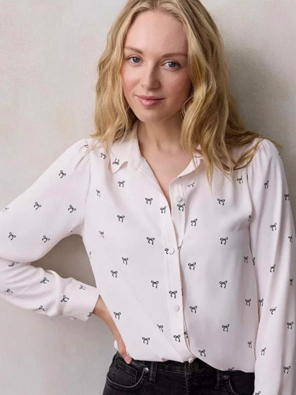 LC Conrad Long-Sleeve Blouse - Cream with Black Bows - Large